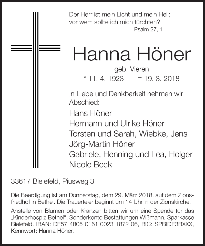  Traueranzeige für Hanna Höner vom 24.03.2018 aus Neue Westfälische