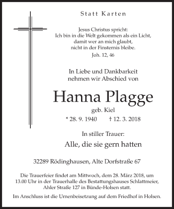 Traueranzeige von Hanna Plagge von Neue Westfälische