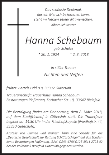 Traueranzeige von Hanna Schebaum von Neue Westfälische