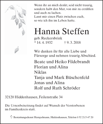 Traueranzeige von Hanna Steffen von Neue Westfälische