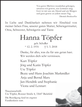 Traueranzeige von Hanna Töpfer von Neue Westfälische