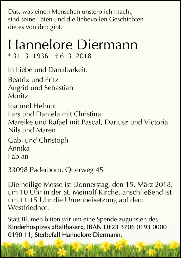  Traueranzeige für Hannelore Diermann vom 10.03.2018 aus Neue Westfälische