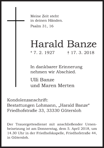 Traueranzeige von Harald Banze von Neue Westfälische