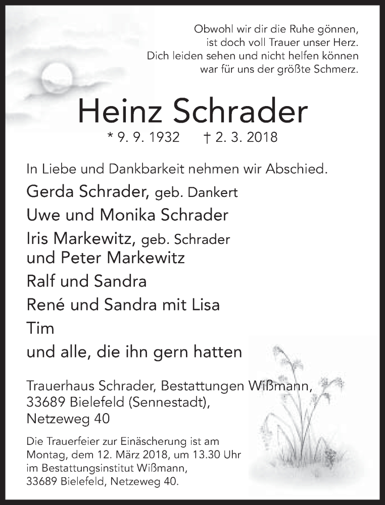  Traueranzeige für Heinz Schrader vom 07.03.2018 aus Neue Westfälische