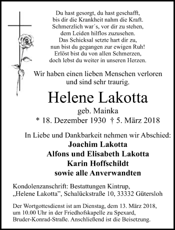 Traueranzeige von Helene Lakotta von Neue Westfälische