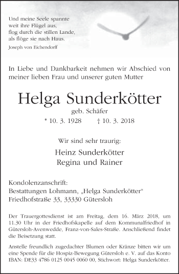Traueranzeige von Helga Sunderkötter von Neue Westfälische