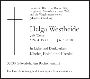 Traueranzeige von Helga Westheide von Neue Westfälische