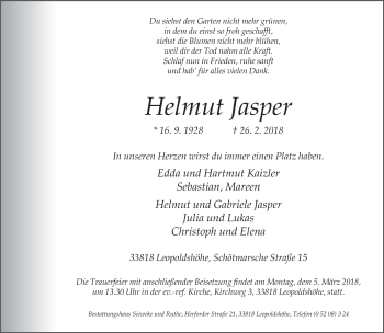 Traueranzeige von Helmut Jasper von Neue Westfälische