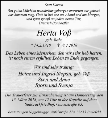 Traueranzeige von Herta Voß von Neue Westfälische