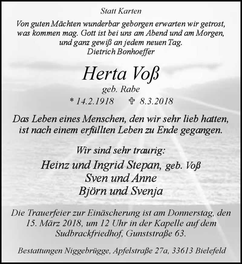  Traueranzeige für Herta Voß vom 13.03.2018 aus Neue Westfälische