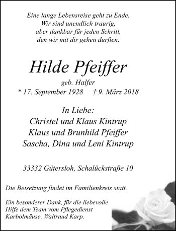 Traueranzeige von Hilde Pfeiffer von Neue Westfälische