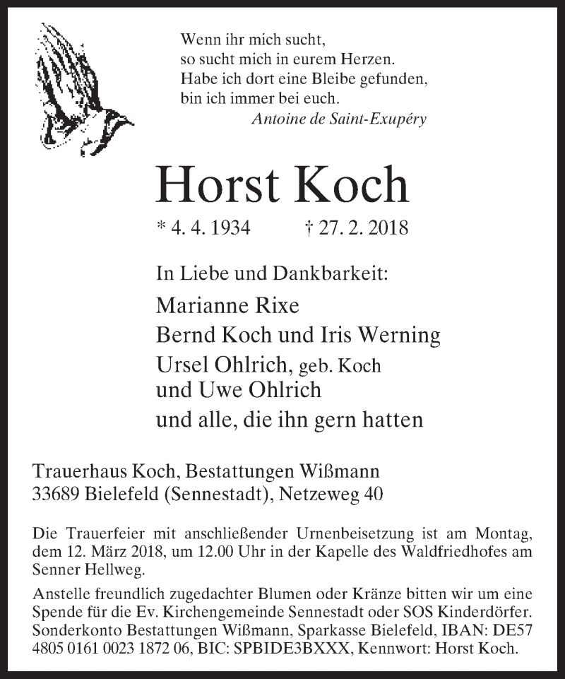  Traueranzeige für Horst Koch vom 03.03.2018 aus Neue Westfälische