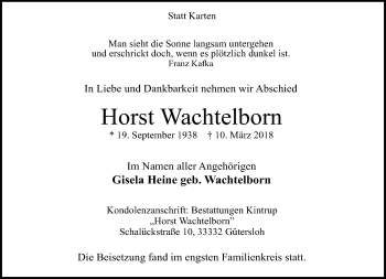 Traueranzeige von Horst Wachtelborn von Neue Westfälische