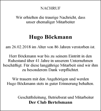 Traueranzeige von Hugo Böckmann von Neue Westfälische