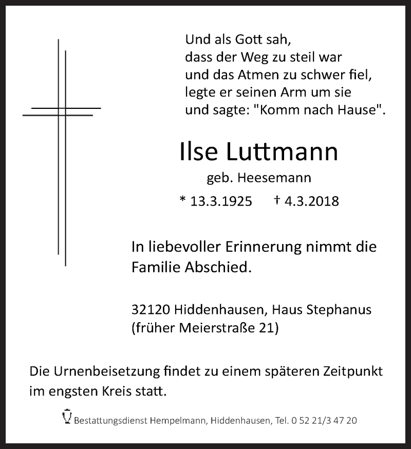  Traueranzeige für Ilse Luttmann vom 07.03.2018 aus Neue Westfälische