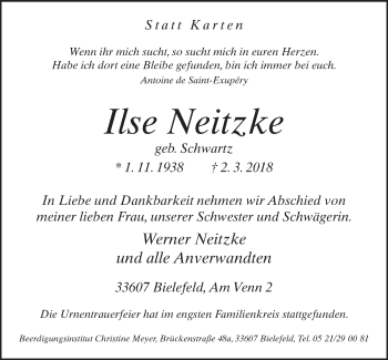 Traueranzeige von Ilse Neitzke von Neue Westfälische