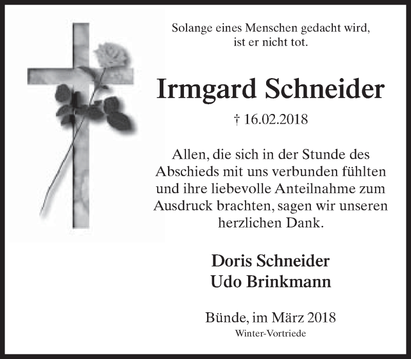  Traueranzeige für Irmgard Schneider vom 24.03.2018 aus Neue Westfälische