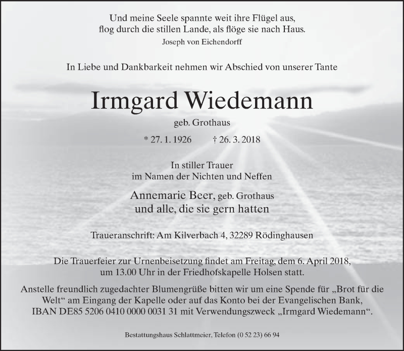  Traueranzeige für Irmgard Wiedemann vom 30.03.2018 aus Neue Westfälische