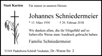 Traueranzeige von Johannes Schniedermeier von Neue Westfälische