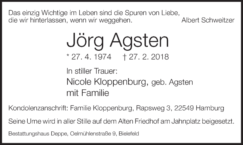  Traueranzeige für Jörg Agsten vom 14.03.2018 aus Neue Westfälische