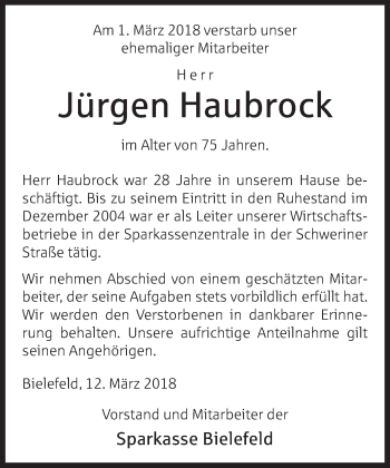 Traueranzeige von Jürgen Haubrock von Neue Westfälische