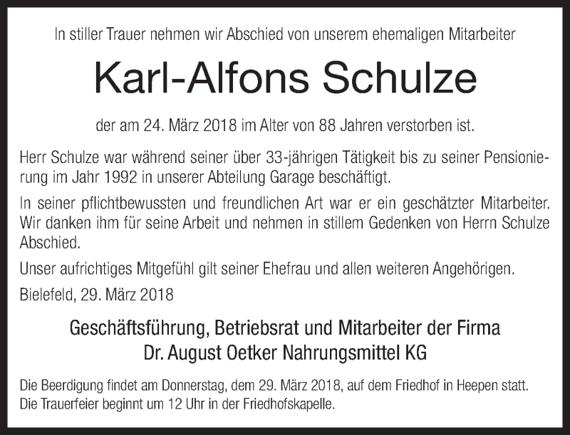  Traueranzeige für Karl-Alfons Schulze vom 29.03.2018 aus Neue Westfälische