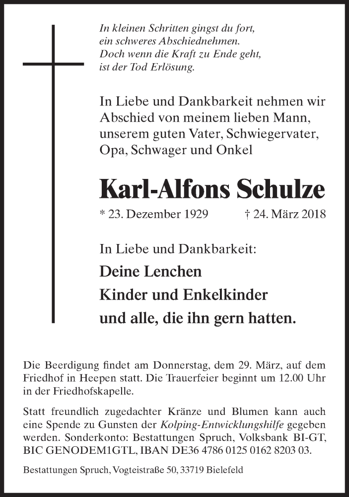  Traueranzeige für Karl-Alfons Schulze vom 27.03.2018 aus Neue Westfälische