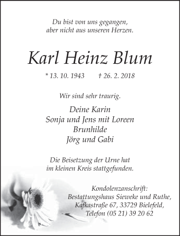 Traueranzeige von Karl Heinz Blum von Neue Westfälische