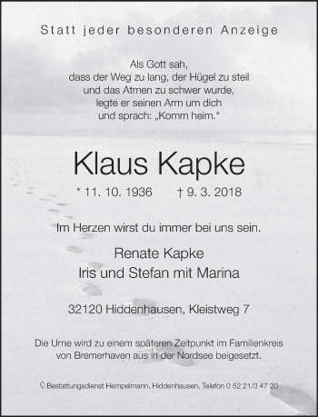 Traueranzeige von Klaus Kapke von Neue Westfälische