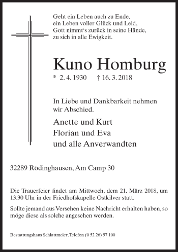Traueranzeige von Kuno Homburg von Neue Westfälische