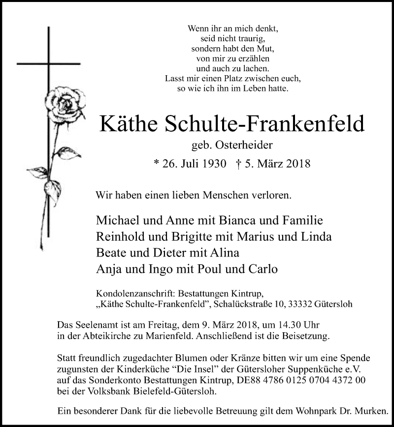  Traueranzeige für Käthe Schulte-Frankenfeld vom 06.03.2018 aus Neue Westfälische
