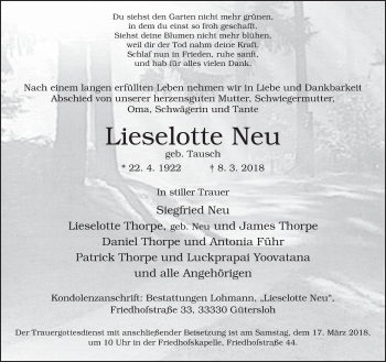 Traueranzeige von Lieselotte Neu von Neue Westfälische