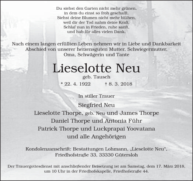  Traueranzeige für Lieselotte Neu vom 12.03.2018 aus Neue Westfälische
