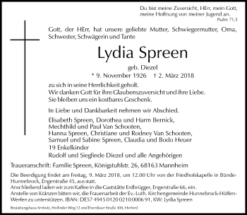 Traueranzeige von Lydia Spreen von Neue Westfälische