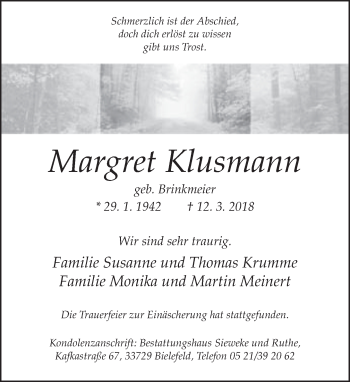 Traueranzeige von Magret Klusmann von Neue Westfälische