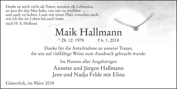Traueranzeige von Maik Hallmann von Neue Westfälische