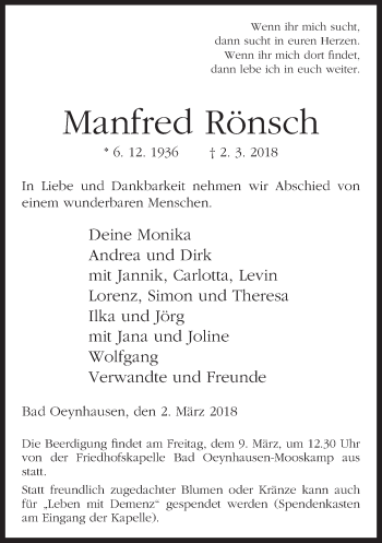 Traueranzeige von Manfred Rönsch von Neue Westfälische