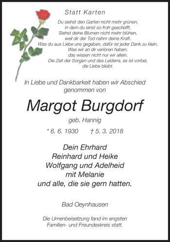 Traueranzeige von Margot Burgdorf von Neue Westfälische