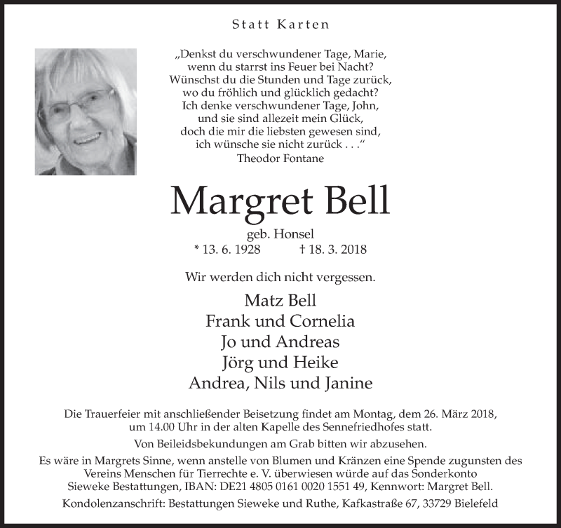  Traueranzeige für Margret Bell vom 21.03.2018 aus Neue Westfälische