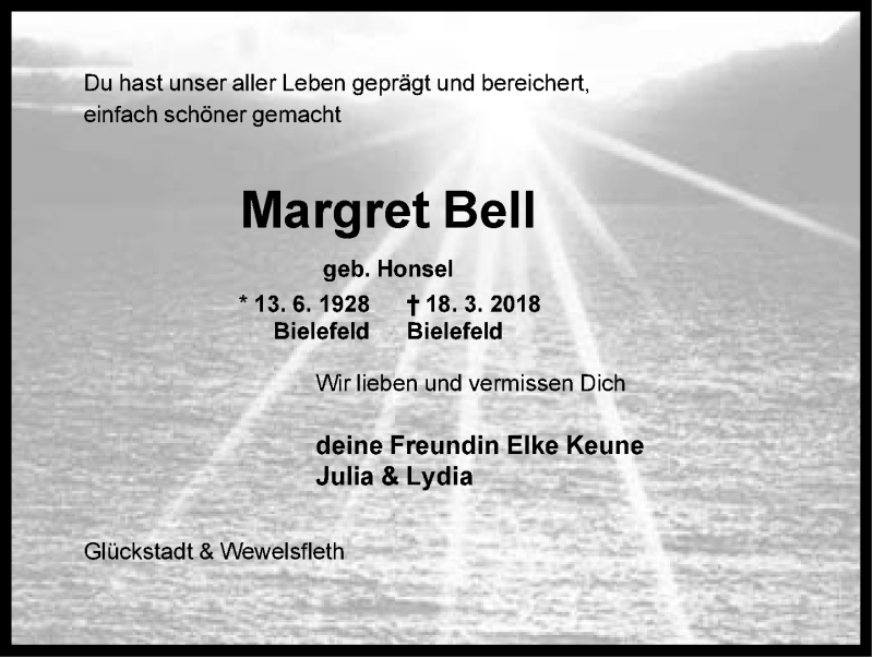  Traueranzeige für Margret Bell vom 24.03.2018 aus Neue Westfälische
