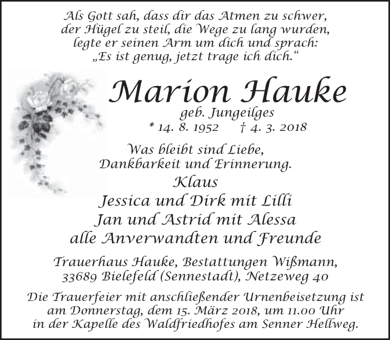  Traueranzeige für Marion Hauke vom 07.03.2018 aus Neue Westfälische