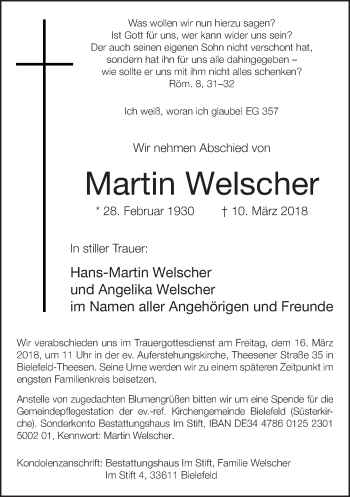 Traueranzeige von Martin Welscher von Neue Westfälische