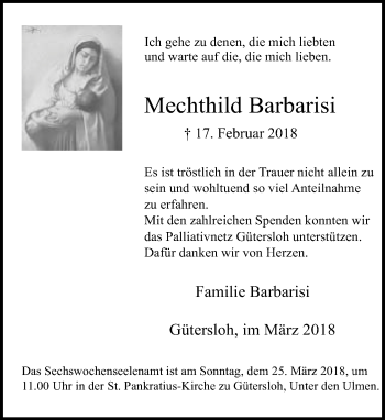 Traueranzeige von Mechthild Barbarisi von Neue Westfälische