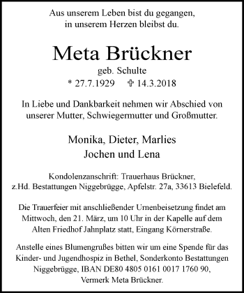 Traueranzeige von Meta Brückner von Neue Westfälische