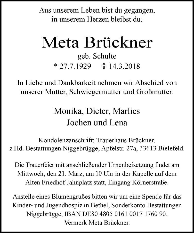  Traueranzeige für Meta Brückner vom 17.03.2018 aus Neue Westfälische