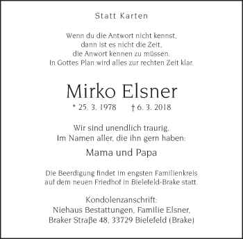 Traueranzeige von Mirko Elsner von Neue Westfälische