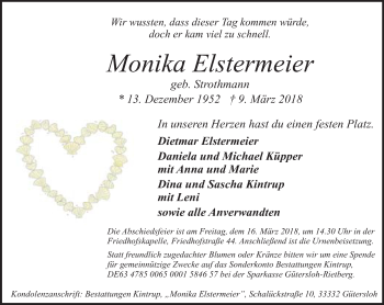Traueranzeige von Monika Elstermeier von Neue Westfälische