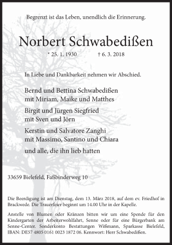 Traueranzeige von Norbert Schwabedißen von Neue Westfälische