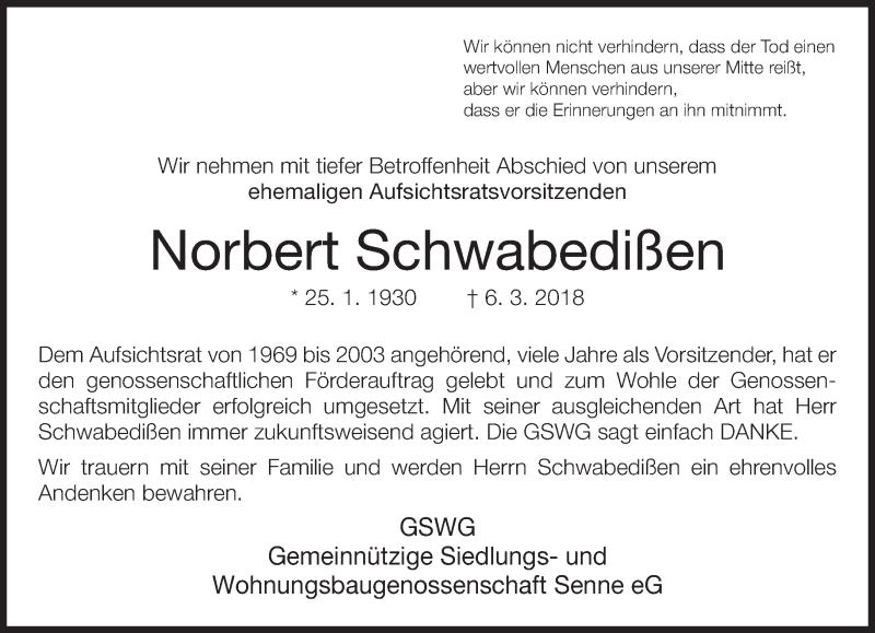  Traueranzeige für Norbert Schwabedißen vom 13.03.2018 aus Neue Westfälische