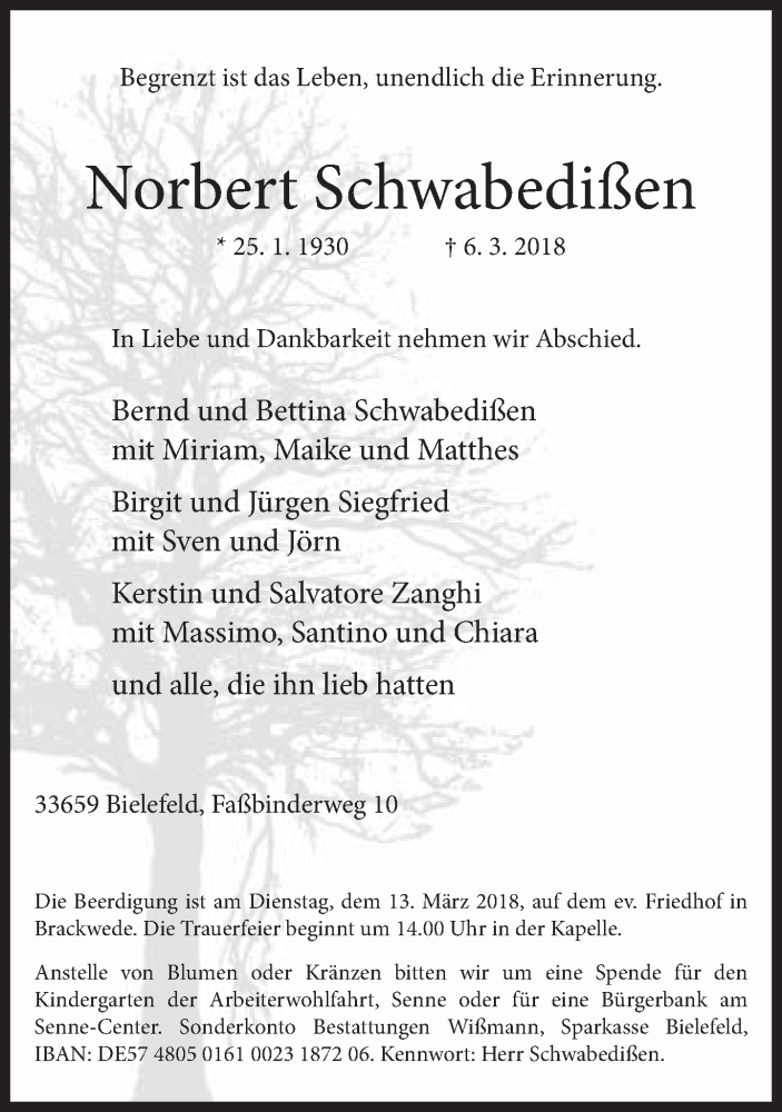  Traueranzeige für Norbert Schwabedißen vom 10.03.2018 aus Neue Westfälische